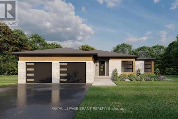 Daytime view of a residential home with stone and wood facade and manicured lawn. - Lot 5 Willowdale Street, Brantford