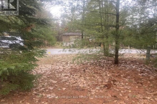 A view across a wooded lot toward a street with a building visible through the trees. - Lot 514 Tall Pines Drive, Tiny