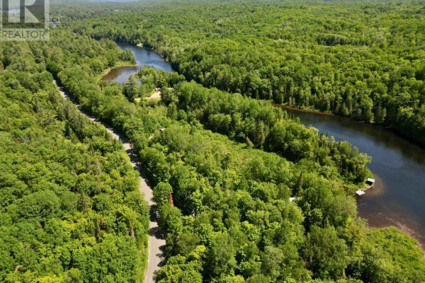 Aerial view of a winding road alongside a calm river bordered by dense green trees. - Lot 6 Fairy Falls Road, Lake Of Bays