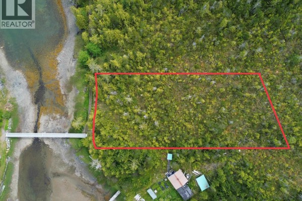 Overhead view of a cleared lot marked with red, bordered by trees and water. - Lot 6 Hunts Inlet, Prince Rupert