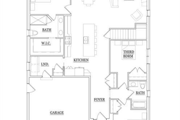 Floor plan showing a modern layout with a kitchen, living area, foyer, and a third bedroom with an attached bath. - Lot 6 Kennedy Court, Amherstburg
