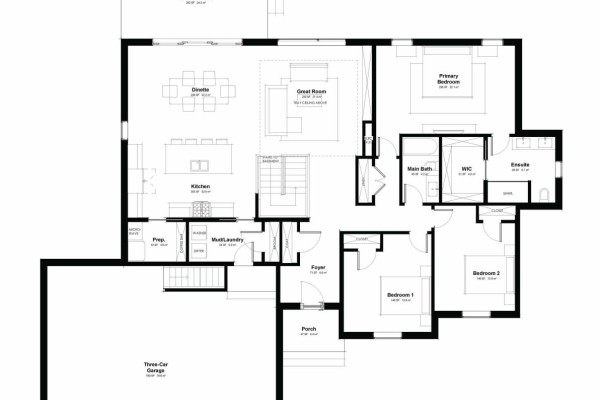 Main floor plan showing a kitchen, great room, primary bedroom with ensuite, two bedrooms, and a three-car garage. - Lot 6 Willowdale Street, Brantford