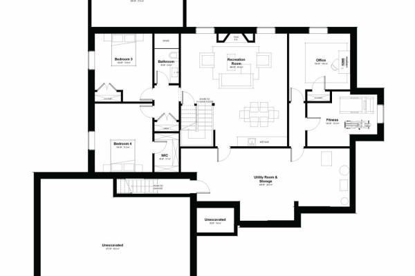 Basement floor plan illustrating a recreation room, office, fitness area, utility room, two bedrooms, and two bathrooms. - Lot 6 Willowdale Street, Brantford