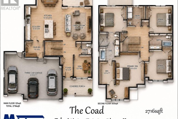 Floor plan of a two-storey home showing main floor kitchen, great room, mudroom, and garage, and second floor bedrooms. - Lot #65 - 6 Bayshore Drive, Middlesex Centre