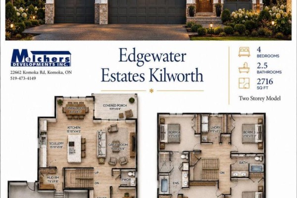 Architectural drawing of 'The Coad' model floor plan for Edgewater Estates Kilworth, two-storey. - Lot #65 - 6 Bayshore Drive, Middlesex Centre