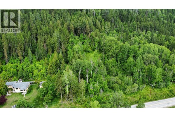 Aerial view of a wooded hillside property with a house and a road. - Lot 7 Arrow Lakes Drive, Castlegar