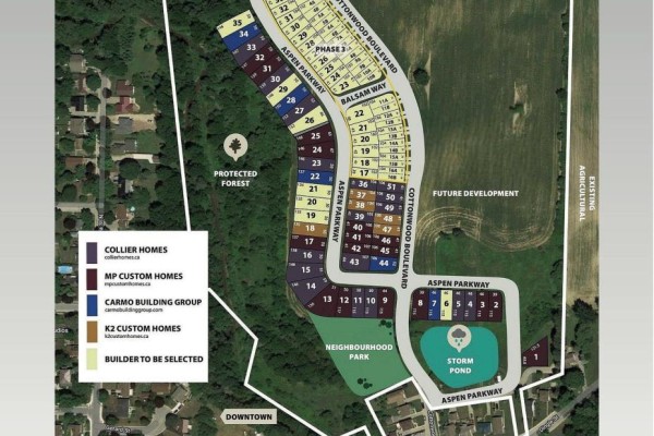Aerial map of a residential development showing lot numbers, streets, a park, and a storm pond. - Lot 7 Aspen Parkway, Aylmer