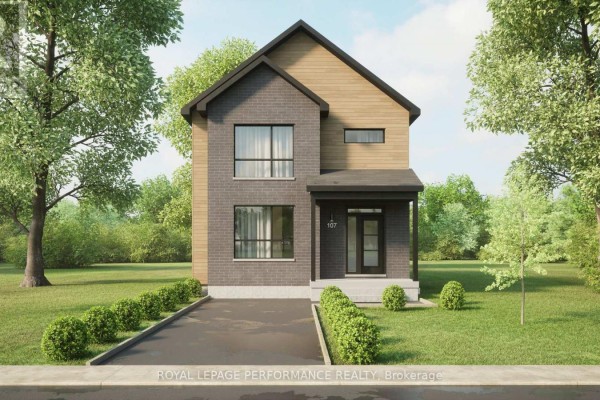 Front view of a two-story house with grey brick, wood siding, a driveway, and green landscaping. - Lot 7 Juniper Street, The Nation