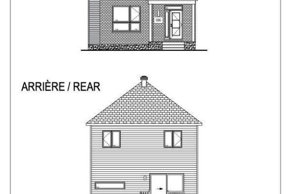 Architectural drawing of a house showing front and rear elevations with windows and roof details. - Lot 7 Juniper Street, The Nation