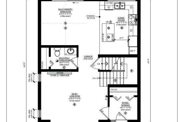 Main floor plan layout with living room, dining room, kitchen, powder room, and entrance. - Lot 7 Juniper Street, The Nation