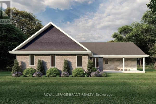 Side and rear view of the house with windows, stone siding, and landscaping under a cloudy sky. - Lot 7 Willowdale Street, Brantford