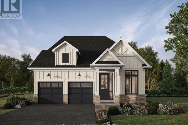 Exterior rendering of a two-story house with light gray siding, a dark roof, and a two-car garage. - Lot 77 Ava Street, Welland