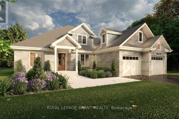 Slightly angled front view of the house with a well-maintained lawn and flower beds. - Lot 8 Willowdale Street, Brantford