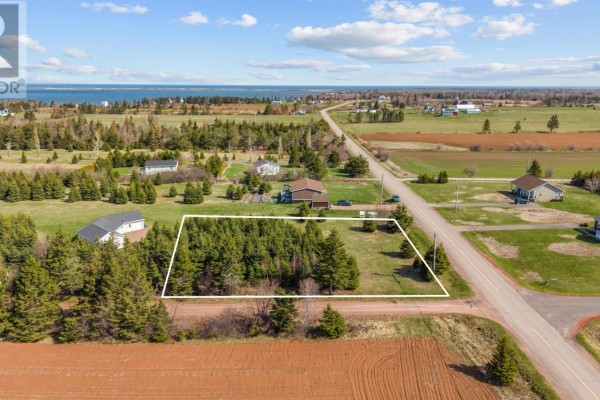 Aerial view of a treed property outlined in white, beside a road and waterfront. - Lot 855 Blooming Point Road, Rte 218, Blooming Point