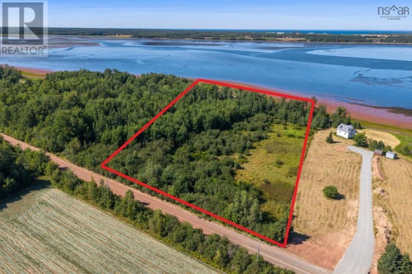 Aerial view of a tree-lined coastline with marshy areas and fields. - Lot 86-4 Fox Harbour South Road, North Wallace