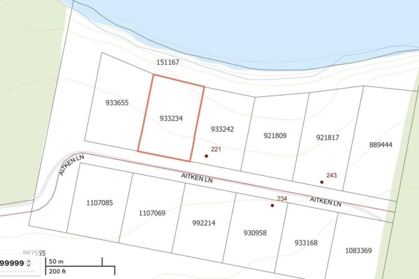 Aerial map showing property lines and parcel numbers along Aitken Lane, with a body of water at the top. - Lot Aitken Lane, Bay Fortune
