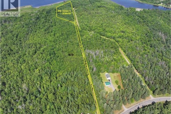 Aerial view of wooded property with a yellow outline, showing houses and a road nearby. - Lot Bedec Road, Richibucto Village