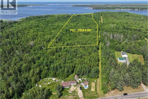 Aerial view of coastal land with yellow outlines showing property lines and a small channel. - Lot Bedec Road, Richibucto Village