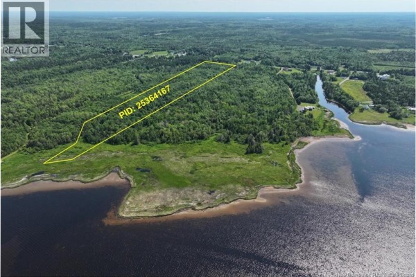 Aerial view of wooded property with yellow outlines highlighting boundaries and a small house. - Lot Bedec Road, Richibucto Village