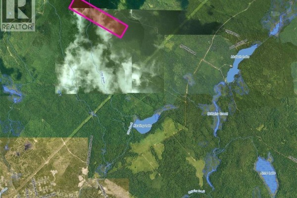 Aerial overview of the property lot outlined in pink, near Cheyne Settlement Road, surrounded by dense forest and water features. - Lot Cheyne Settlement Road, Public Landing