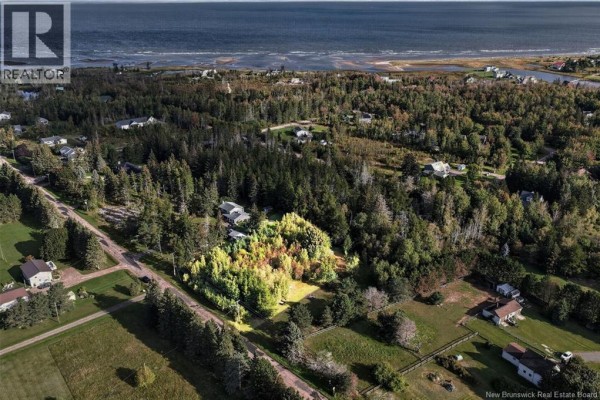Aerial view of treed property with coastal village and ocean in background. - Lot De La Breche Road, Grand Barachois