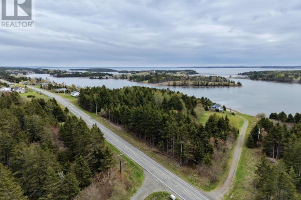 Overhead view of a mature forest with a dirt path winding through the trees and grassy clearings. - Lot No. 4 Highway, River Bourgeois