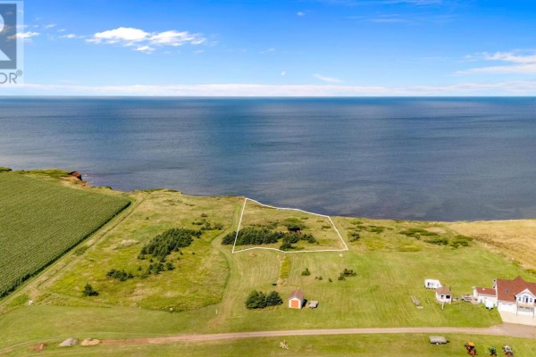 Aerial view of red sandstone cliffs meeting the ocean, with agricultural fields inland. - Lot Park Corner Lane, Park Corner