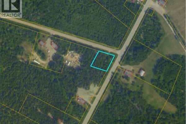 Aerial satellite map displaying property lines in yellow, with a blue outline around the treed subject lot. - Lot Route 114, Lower Cape