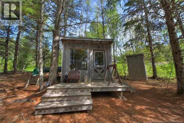 Small wooden cabin with a front porch and steps, next to an outhouse, surrounded by trees. - Lot Route 470, West Branch
