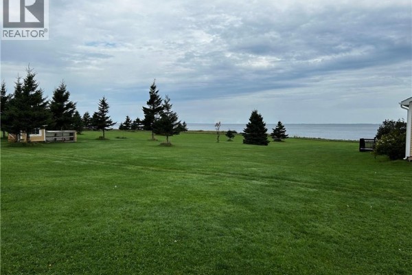 Expansive green lawn with scattered evergreen trees and a view of the ocean under a cloudy sky. - Lot Route 955, Murray Corner
