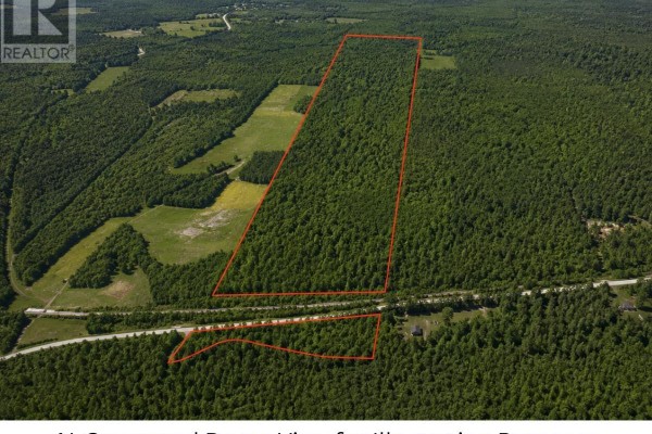 Aerial view shows a large, partially cleared lot bordered by forest, a road, and scattered buildings. - Lot Straghbohgie Road, Cardigan Head