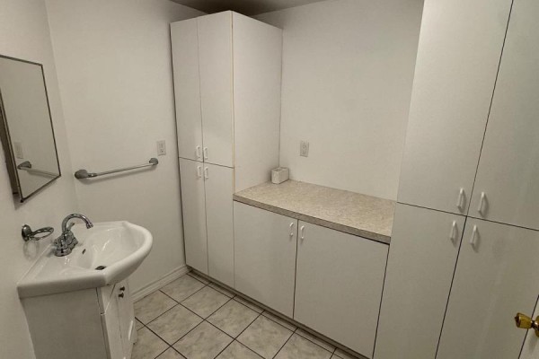 White bathroom with vanity sink, medicine cabinet, towel bar, and tall white storage cabinets. - Lower - 1107 Beaver Valley Crescent, Oshawa