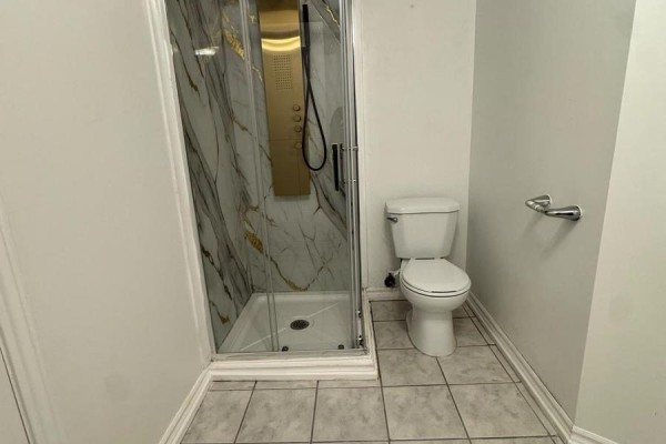 Bathroom with toilet, modern glass shower enclosure with gold fixtures, and marble-patterned wall. - Lower - 1107 Beaver Valley Crescent, Oshawa