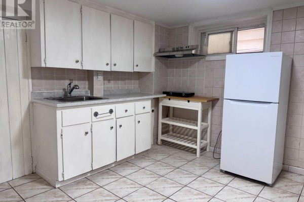 Close-up of basement kitchen cabinets, sink, countertop, portable cart, and white refrigerator. - Lower - 415 Delaware Avenue, Toronto