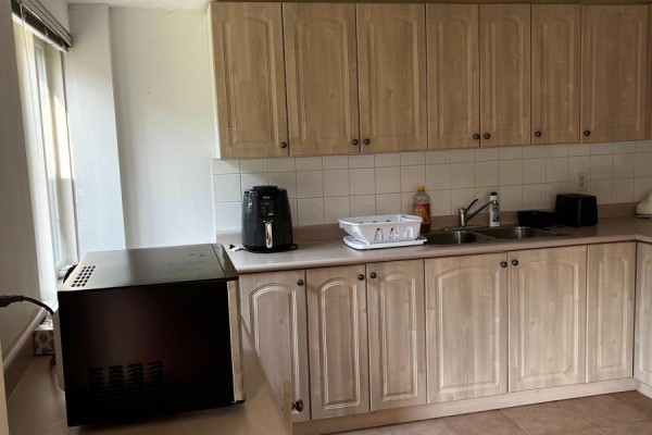 Kitchen counter with light wood cabinets, sink, microwave, and a drying rack. - Lower - 62 Grover Hill Avenue, Richmond Hill