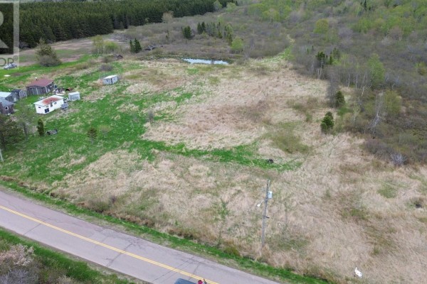 Aerial view showing grassy land with nearby structures and road. - Lower Cove Road, Joggin Bridge