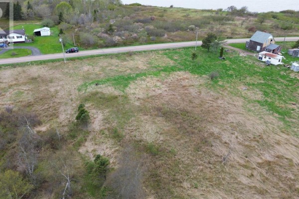 Aerial view of grassy area near the water with scattered trees and structures. - Lower Cove Road, Joggin Bridge
