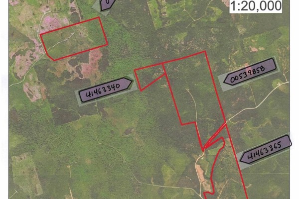 Map showing property boundaries outlined in red, with parcel numbers on a satellite image of wooded land. - Lower Stewiacke Road, Glenmore
