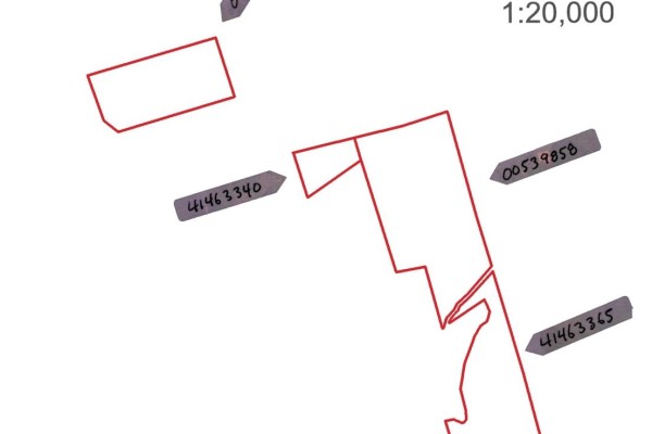 Close-up map view of red-outlined property lines and parcel numbers on a wooded landscape. - Lower Stewiacke Road, Glenmore
