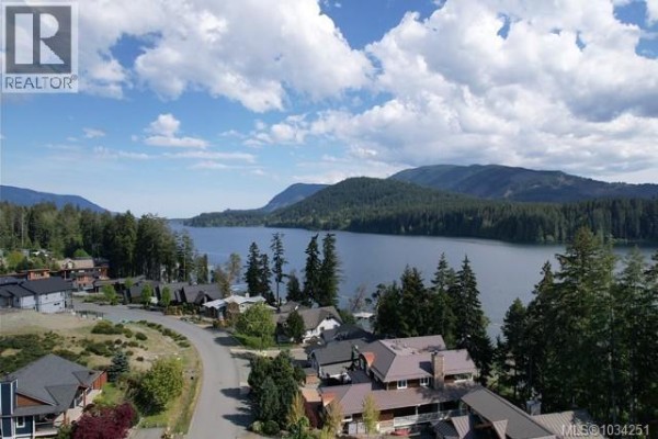 Aerial view of a street with modern homes, parked cars, and a distant view of Lake Cowichan. - Lt 46 Lakefront Dr, Lake Cowichan