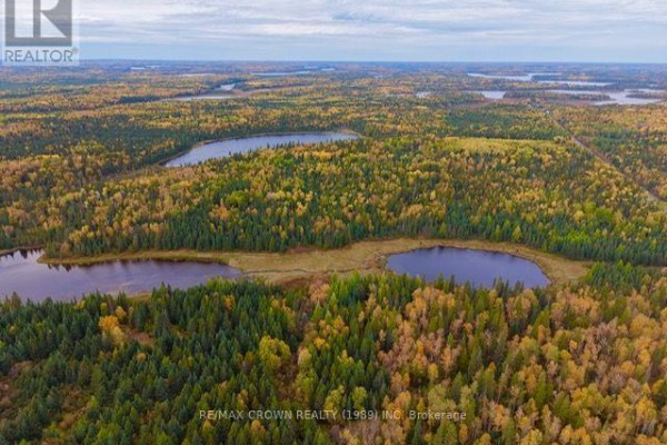 Overhead drone shot showcasing multiple lakes nestled within a dense, colorful forest. - Lt 7 Hanlan Township, Hearst