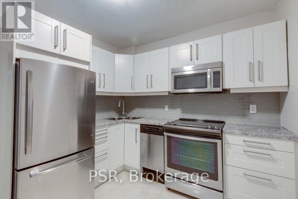 Compact kitchen with white cabinetry, stainless steel appliances, and grey tile backsplash. - Main - 109 Neville Park Boulevard, Toronto
