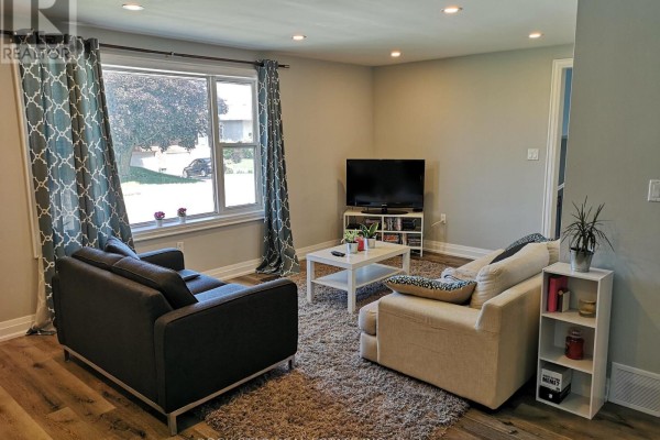 Living room with two sofas, a white coffee table, and a large window with patterned curtains. - Main - 258 Carson Drive, Hamilton