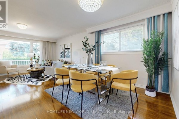 Dining room with glass table, yellow chairs, and teal and white curtains, adjacent to living room. - Main Floor - 93 Clark Avenue, Markham