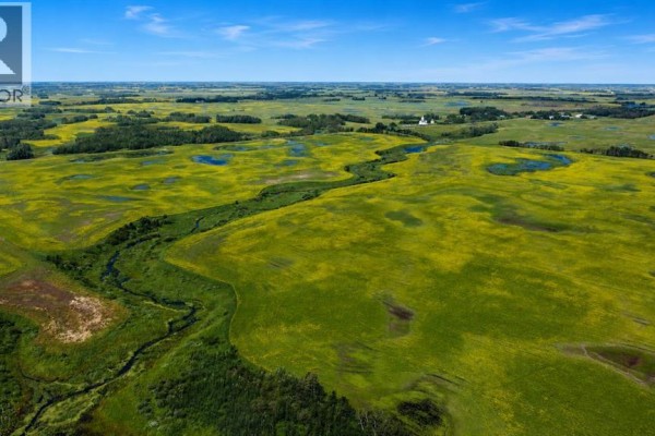 Aerial view of a wide, winding creek through a landscape of yellow flowers and green vegetation under a blue sky. - Mundare 160 Acres, Rural Minburn No  27, County Of