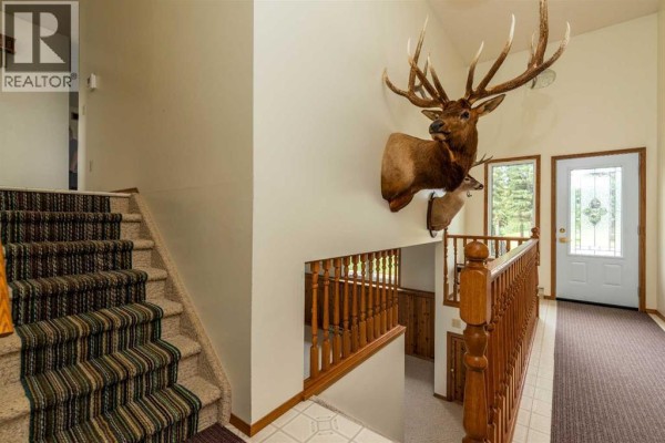 Interior hallway with a striped carpeted staircase, mounted animal heads, and a glass-paned front door. - Ne 19-47-23-w3 Rm Eldon, Maidstone