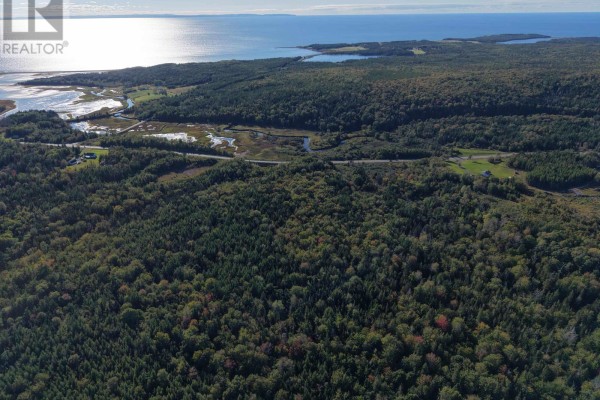 Aerial panorama showing a coastal landscape with forested land, water inlets, and a highway. - No 19 Highway, Judique North