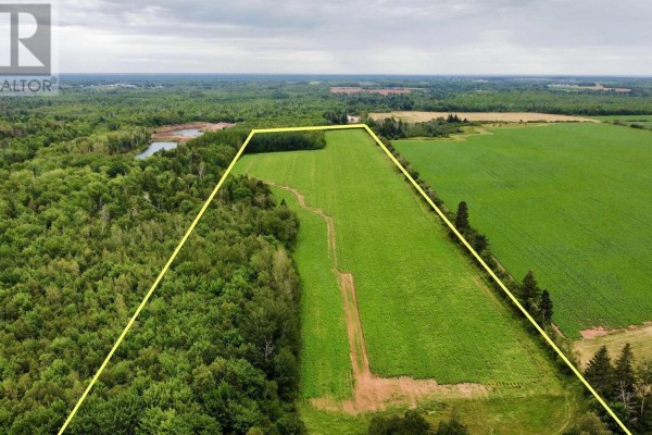 Aerial view of a rural property with fields, a small blue building, trees, and a paved road with a red car. - O'leary Rd, Rte 142, Unionvale