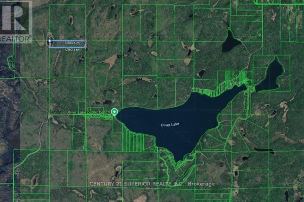Aerial view of Oliver Lake and surrounding land parcels, showing the marked property lot near the public beach area. - Pcl 5406 Con 4 N Pt 11, Neebing
