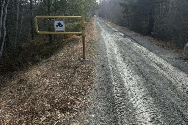 A gravel road with tire tracks leads into a forest, passing a yellow gate with a sign. - Peninsula Road, Hebbville